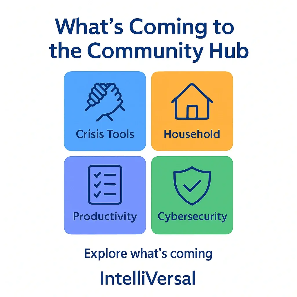 IntelliVersal Community Hub, civic tech, productivity tools, household apps, personal planning, nonprofit platforms, digital lifestyle tools